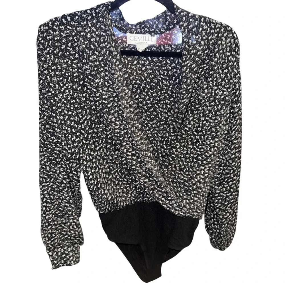 Gemilli Vintage Long Sleeve Bodysuit Black White Floral Wrap Front Made in USA M